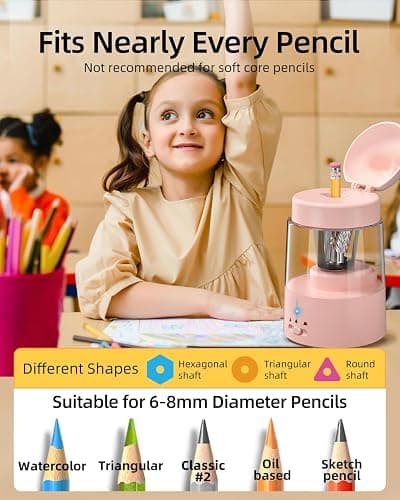 ZMOL Colored Pencil Sharpener for Kids Gift, Rechargeable Electric Pencil Sharpener, Auto Stop, Pencil Sharpeners for Battery Powered Cute No.2/Colored Pencils (6-8mm), Classroom/Office/Home (Pink) thumbnail 2