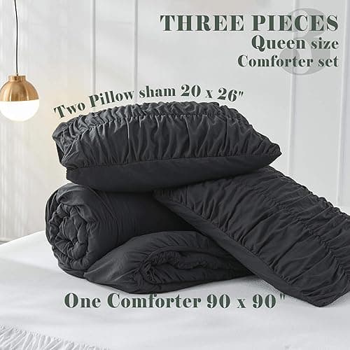 Bonlino Queen Comforter Set - Black Boho Shabby Chic Bedding for Bedroom - Fluffy 3 Piece Ruffle Comforter Set with Pillow thumbnail 7