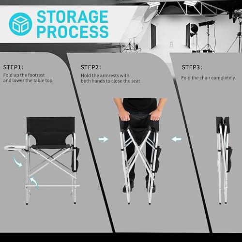 Outvita 26" Tall Directors Chair Height Seat Folding with Side Table Storage Bag, Support for 300Lbs Portable Makeup Artist Chair with Bar Height(Black) thumbnail 8