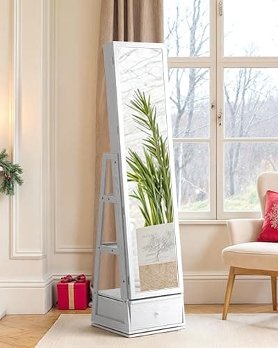 Nicetree 360°Swivel Mirror Jewelry Cabinet, LED Jewelry Cabinet Armoire, Standing Jewelry Mirror Organizer with Storage, Rear Shelves, Interior Mirror, Drawer, Black Lining thumbnail 7