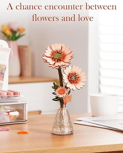Wowood 3D Flower Wooden Puzzles for Adults-Gerbera Daisy, DIY Wooden Flowers Model Kit Building Set Crafts for Adults to Build, Botanical Collection/Ideal Creative Gift Ideas/Housewarming (105PCS) thumbnail 5