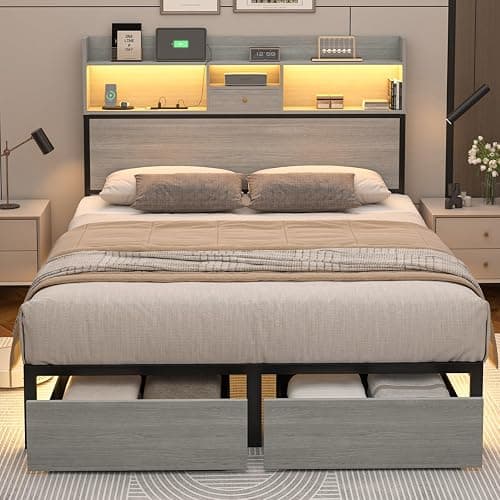 Siihnon Queen Bed Frame with Headboard and LED Lights, 51.2" Bookcase Tall Bed Frame Queen Size with Storage Drawers and Charging Station, Platform Metal Bed Frames, No Box Spring Needed, Grey thumbnail 8