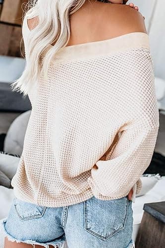 ReachMe Womens Oversized Off The Shoulder Tops Long Sleeve Waffle Knit Shirt Drop Shoulder Sweater Top thumbnail 2