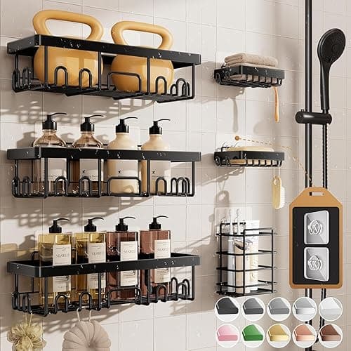 Veken Shower Caddy 6-Pack, Bathroom Organizers and Storage Shelves, Black | Advanced Rustproof Design, Large Capacity, No Drilling, Adhesive Rack with Soap Holder, Wall-Mounted Kitchen & Home Decor - Image 1