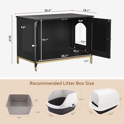 Homhedy Cat Litter Box Enclosure, Cat Washroom Furniture with Metal Frame, Pet House, Fit Most of Litter Box, Modern Style, Black and Gold thumbnail 5