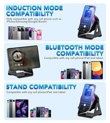 NIIFAWH Bluetooth Speaker, 4-in-1 Wireless Induction Speaker & RGB Light Stand Multi-Functional Phone Stand Instant-Connect Stereo Sound, 360° Adjustable Holder for iPhone/Android/iPad/Samsung (Black) thumbnail 4