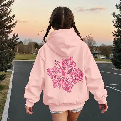 Lubpow Cute Pink Hoodie Kids Girls Aesthetic Preppy Hibiscus Flower Puff Hoodies Kawaii Hawaii Palm Beach Graphic Pullover thumbnail 4