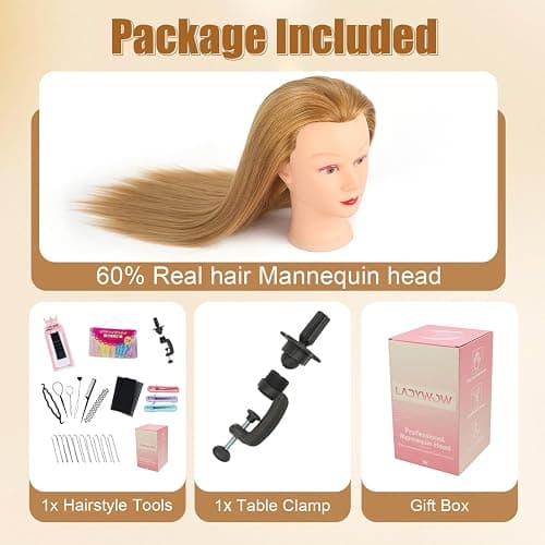 Mannequin Head with 80% Human Hair Face Mannequin Head for Hair styling Practice - Curling, Braiding, Cutting Multiple Hair Colors with Table Clamp Stand for Kids and Professionals 28inch thumbnail 6