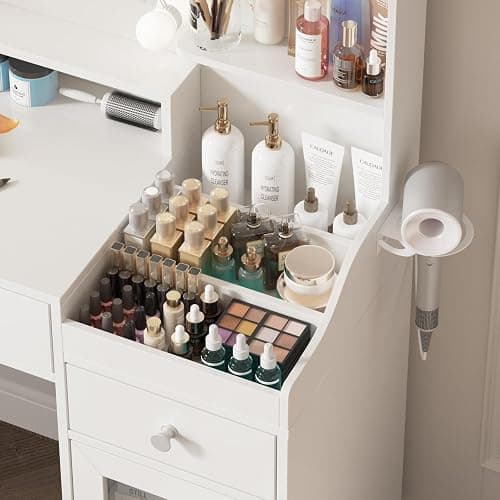 Vabches Vanity with Mirror and Lights, Makeup Vanity Table with Charging Station, Cute Vanity Set with Comfortable Bench, Dressing Table with 3 Storage Compartments, 39.8inch, White thumbnail 6