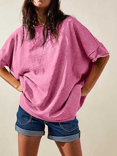 Tankaneo Women's Oversized T Shirts Casual Summer Crew Neck Loose Dropped Short Sleeve Side Slit Hem Blouse Tunic Tops thumbnail 2