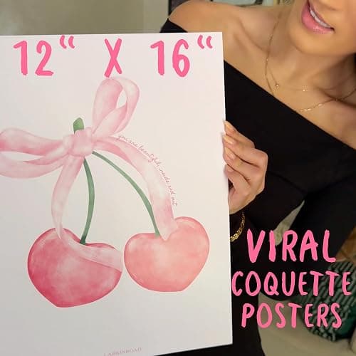 LARKINROAD 3 Pink Bow and Cherry Decor Posters, Wall Art - 12 x 16 Unframed - Preppy Dorm, Room Decor Aesthetic, Coquette Pink Decor - Eco-Friendly, Made in USA thumbnail 2