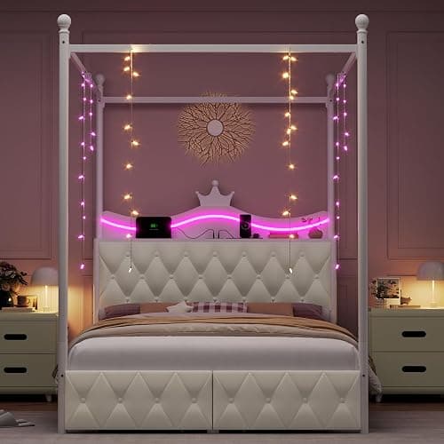 Keyluv Queen Size Upholstered LED Canopy Bed Frame with Charging Station and Drawer, Button Tufted Crown Headboard with Storage Shelf, Two-Purpose Removable Four Poster Design Platform Bed, Beige - Image 1