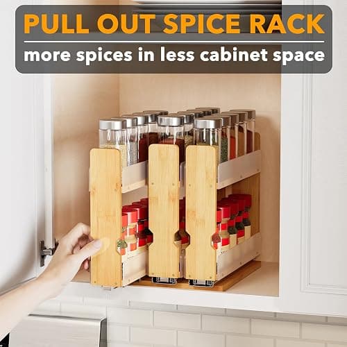 SpaceAid Bamboo Pull Out Spice Rack Organizer for Cabinet, Heavy Duty Slide Out Seasoning Kitchen Pantry Sliding Vertical Organization, 7.6" Wide, 3 Drawers(2" Wide), 2-Tier, Natural thumbnail 5