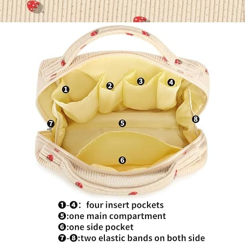 Bluboon Makeup Bag Zipper Pouch Travel Toiletry Bag Portable Cosmetic Bag Organizer for Women and Girls(Strawberry Corduroy Beige) thumbnail 5