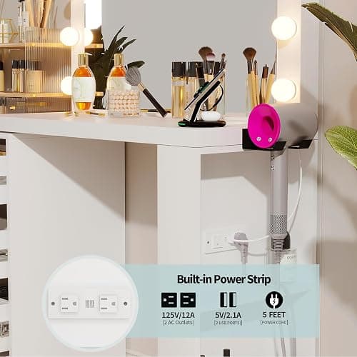 VOWNER Vanity Desk and Dresser Combo, Extendable Makeup Vainty with with Lighted Mirror & Power Outlet, Wood Corner Vanity with 6 Drawer Dresser, Makeup Table for Women, Bedroom Dressing Table(White) thumbnail 5