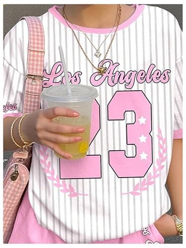 Floerns Girl's 2 Piece Outfits Graphic Print Drop Shoulder Tee & Contrast Binding Track Shorts Clothing Set thumbnail 4