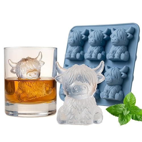 Mini Highland Cow Ice Cube Mold, 3D Cute Cattle Silicone Ice Cube Trays for Whiskey Cocktails Beer Coffee & Drinks Party, Reusable Animal Dessert Mold, Easter Gifts for Friends & Cow Lovers (6-Cavity) - Image 1