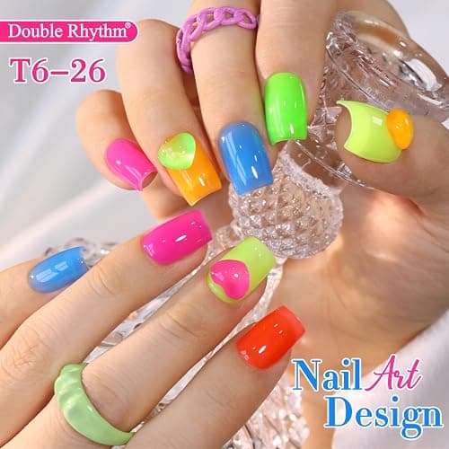 Double Rhythm 6 Pcs 15 ML Gel Polish Set Same Color Same Bottle Soak Off Gel Polish Kit Nail Art Manicure Salon DIY at Home for Women (Jelly Neon Pink Blue Red Green-T6-26) - Crystal Neon thumbnail 9