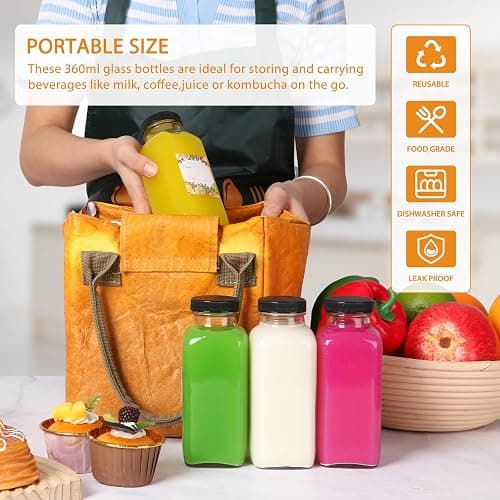 AuroTrends 12 oz Glass Bottles with Lids 3Pack for Juicing, Water, Kombucha - 360ml Portable Juicing Bottles Reusable Glass 12oz (12fl.oz, Set of 3) thumbnail 5