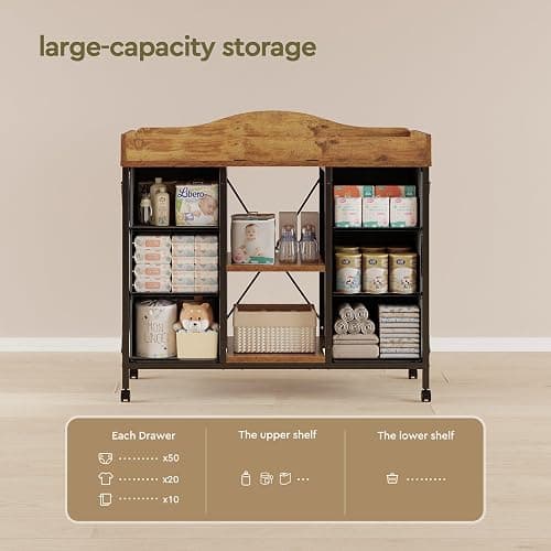 Yetom Changing Table, 6-Drawer Baby Dresser with Changing Table top,Waterproof Diaper Changing Station & Pad, 2 Height-Adjustable Open Storage Shelves, Mobile Nursery Organizer, Rustic Brown thumbnail 6