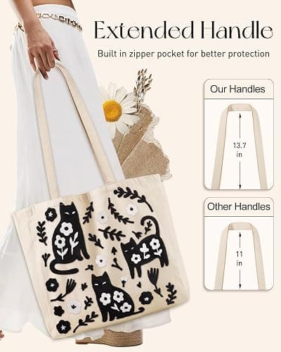 Miss Adola Embroidery Canvas Tote Bag for Women - Reusable Totes with Pocket & Buckle Aesthetic Cute Grocery Shoulder Bag thumbnail 3