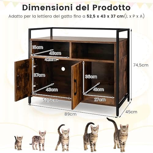 COSTWAY Mobile per Lettiera Gatti con Ripiani Aperti e Ripiani Chiusi con Maniglie, Mobiletto Multiuso per Ingresso e Soggiorno, 82,5 x 51 x 51 cm, Portata 50 kg (Marrone) thumbnail 3