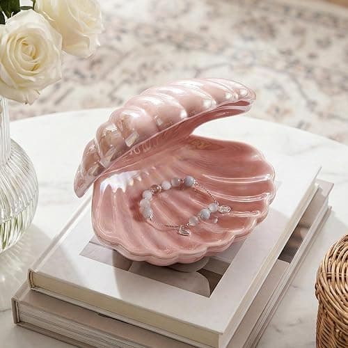 Denique Shell Jewelry Dish Tray, Ceramic Trinket Tray Clamshell Jewelry Storage Dish, Ring Holder Dish Key Bowl, Decorative Jewelry Plate, Cute Jewelry Organizer for Room Decor (Pink) - Image 1