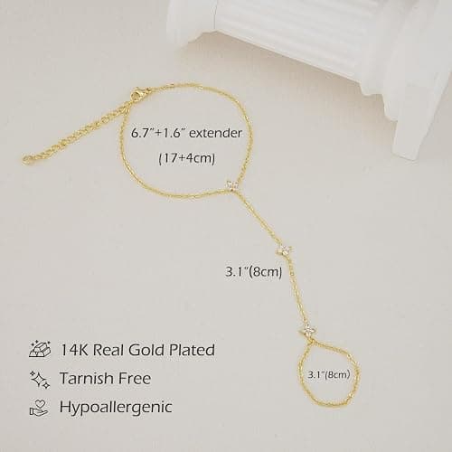 Bheop Bracelets for Women 14K Gold Silver Plated Ring Bracelet Hand Chain Dainty Evil Eye Heart Clover Daisy Cubic Zirconia Stackable Link Chain Hypoallergenic Body Jewelry Cute Trendy Gifts - GD-clover hand chain thumbnail 6