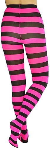 ToBeInStyle Women’s Wide Horizontal Contrast Stripe Tights Opaque Hosiery - One Size - Black and Hot Pink thumbnail 2