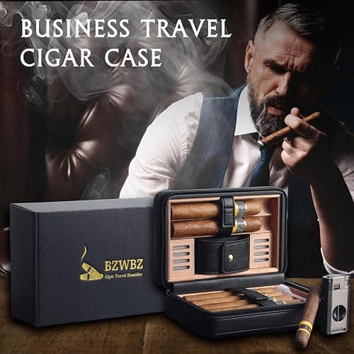 BZWBZ Travel Cigar Humidor Set,Torch Lighter with Cigar V Cutter, Hole Punch, Spanish Cedar Wood Humidor,Black Leather thumbnail 5