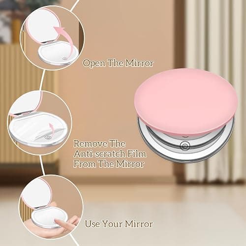 Kakuje Compact Mirror with Light, 1X/3X Magnification LED Pocket Mirror with USB Data Cable,Mini Mirror for Purse, Pocket,Travel and Present (Pink) thumbnail 3