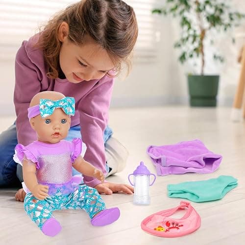 18INDC Baby Doll Clothes 16-18 Inch Mermaid -Themed Baby Dolls Accessories Set - Onesie Outfit, Blanket, Headband, Diaper, Bid, Bottle and Shoes thumbnail 6