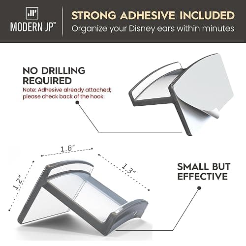 Modern JP Adhesive Hooks for Disney Ears (8-Pack) - Minimalist Disney Ear Holder, No Drilling Headband Holder Design, Strong Hold Headband Organizer - USA Patented, Clear thumbnail 2