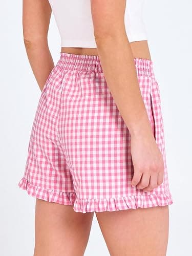ANRABESS Boxer Shorts for Women,Gingham Plaid Elastic Waist Ruffle,Perfect for Lounge,Pajama&Sleep,Cute Casual Summer Bottoms thumbnail 4