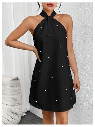 Floerns Women's Pearl Beaded Halter Twist Sleeveless Tie Back Dress A Line Dress thumbnail 3