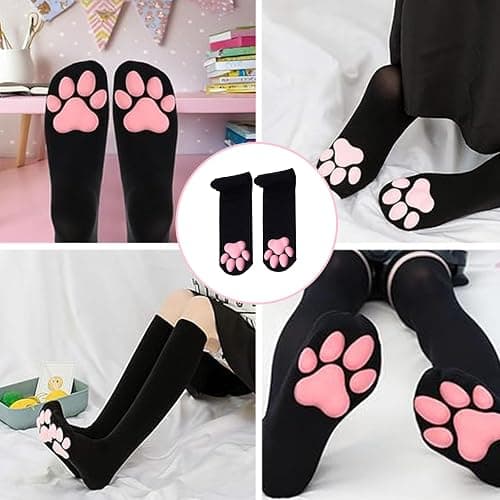 YREYBN 1 Pair Thigh High Socks, Pink Cute Cat Paw Pad Socks, 3D Kitten Claw Stockings for Girls Women, Knee High Socks for Cosplay Halloween Party and Daily Lives(Black) thumbnail 7