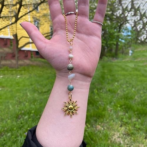 Sun Hanging Car Charm,Green and Gold Rear View Mirror Accessories Cute Boho Dangling Sun Car Decor Handmade Healing Crystals Stones Ornament Gifts for Women Men (Green) thumbnail 2