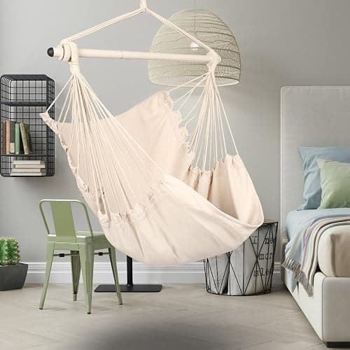 Highwild Hammock Chair Hanging Rope Swing - Max 500 Lbs - Steel Spreader Bar with Anti-Slip Rings - for Any Indoor or Outdoor Spaces (Beige) thumbnail 8