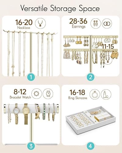 Vlando 3 Tier Jewelry Stand Organizer with Tary, Leather Jewelry Holder Display for Women, Gold Jewlery Holder Display for Necklace, Earring, Bracelet, Rings - White thumbnail 3
