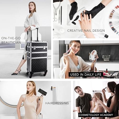 FRENESSA 3 in 1 Rolling Makeup Train Case Professional Cosmetic Trolley Large Storage with Keys Swivel Wheels Salon Barber Case Traveling Cart Trunk for Make Up Hairstylists Nail Tech, Vintage Black thumbnail 4