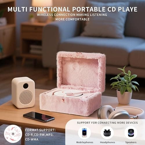 Plush Fuzzy Pink CD Player with Bluetooth, Remote Control thumbnail 3