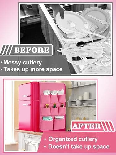 Extended Mini Fridge Caddy Organizer - 55" x 13" Back to School Dorm and Office Over the Fridge Storage Organizer with 12 Pockets for Flatware Drink Paper Goods, College Must Have, Pink thumbnail 4