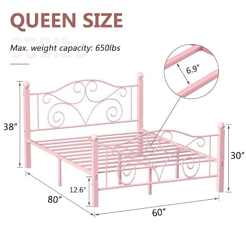 VECELO Queen Size Bed Frame with Headboard and Footboard, Heavy Duty Metal Slat Support, Platform Mattress Foundation, No Box Spring Needed, Easy Assembly, Light Pink thumbnail 2