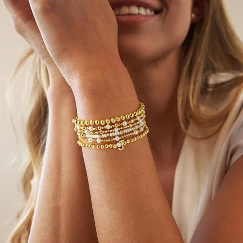 Turandoss 6PCS Beaded Initial Bracelets for Women Girls Jewelry Gifts - 18K-Gold-Plated Beaded Initial Letter Bracelet for Girls Women Initial A-Z Stretch Bead Stackable Bracelet Jewelry Set Gifts thumbnail 3