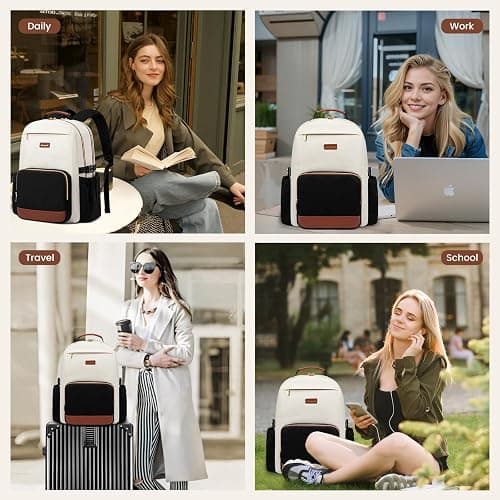 LOVEVOOK Laptop Backpack for Women with Pouch Pocket for Large Capacity Cup,17 Inch Laptop Computer Bag Travel Backpack Purse,Waterproof Work Business Backpack College Teacher Bags,Beige-Black-Brown thumbnail 7