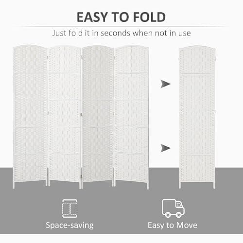 HOMCOM Room Divider 4 Panel, 6FT Tall Folding Privacy Screen, Freestanding Hand-Woven Partition for Room Separation with 360° Hinges, Paper Rope Diamond Weave, White thumbnail 4