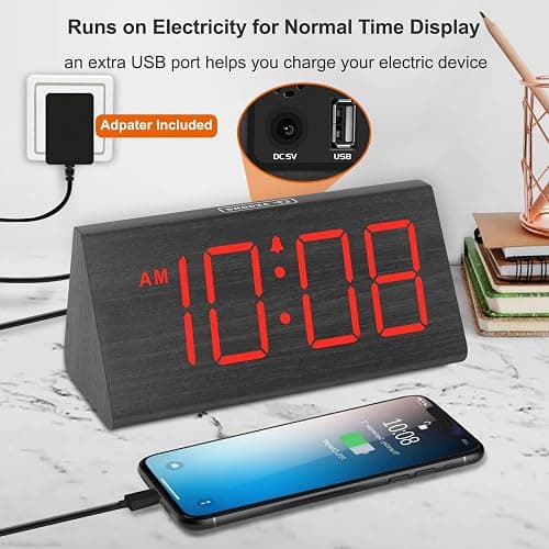 DreamSky Wooden Digital Alarm Clocks for Bedrooms - Electric Desk Clock with Large Red Numbers, USB Port, Battery Backup Alarm, Adjustable Volume, Wood Décor, Dimmer, Snooze, DST (Adapter Powered) thumbnail 6