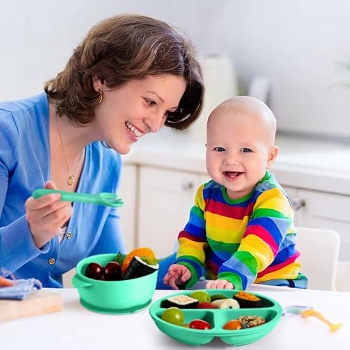 CHENGU 12 Pcs Silicone Bowl with Suction Set for Baby Toddler with Suction Plate, Spoon and Fork, Divided Design Baby Feeding Utensils Weaning Kit, Dishwasher and Microwave Safe thumbnail 2