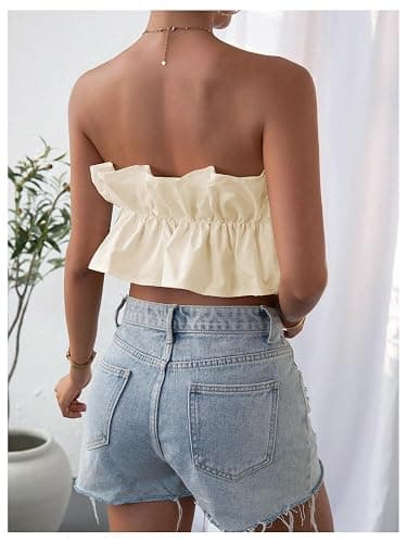 GORGLITTER Women's Strapless Bubble Tube Tops Ruffle Open Back Sleeveless Cute Summer Bandeau Peplum Crop Tops 2025 thumbnail 2