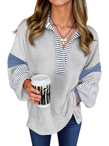 Fisoew Womens Color Block Oversized Sweatshirt Polo V Neck Long Sleeve Shirts Casual Loose Pullover Tops - Image 1
